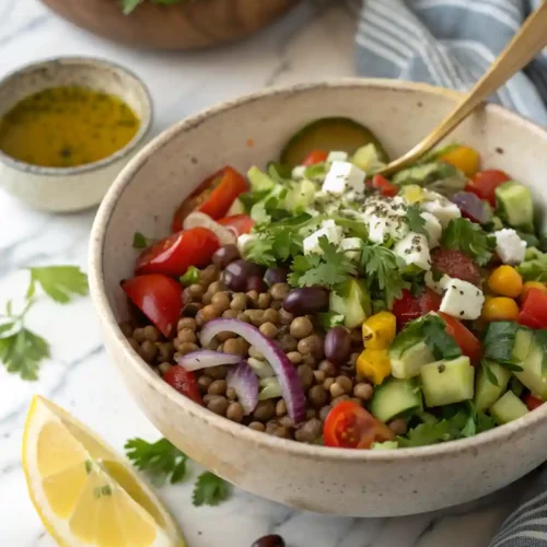 Overhead view of Mediterranean lentil salad with feta, cucumber, bell pepper, olives and fresh herbs in a ceramic bowl.